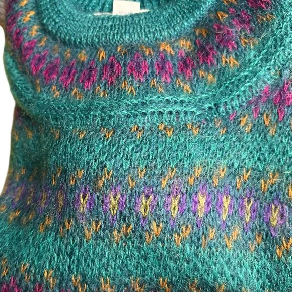 Vintage 80s Michelle Stuart Mohair Wool Fair Isle Sweater‎ Teal Woman Sz M - Picture 12 of 16